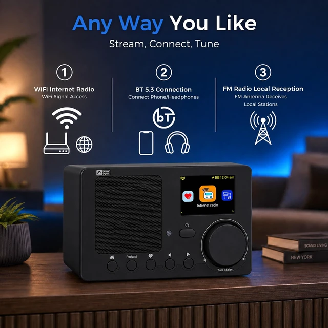 Alt view image 4 of 7 - Ocean Digital WR-210N Portable Internet Radio with FM Podcast 2.4 Color LCD Built-in Battery Bluetooth UPnP & DLNA Player Sleep Timer Dual Alarm Clock Black