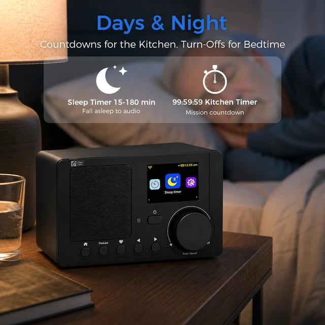 Alt view image 5 of 7 - Ocean Digital WR-210N Portable Internet Radio with FM Podcast 2.4 Color LCD Built-in Battery Bluetooth UPnP & DLNA Player Sleep Timer Dual Alarm Clock Black