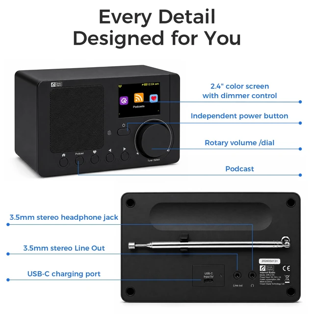 Alt view image 6 of 7 - Ocean Digital WR-210N Portable Internet Radio with FM Podcast 2.4 Color LCD Built-in Battery Bluetooth UPnP & DLNA Player Sleep Timer Dual Alarm Clock Black