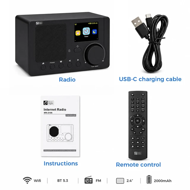 Alt view image 7 of 7 - Ocean Digital WR-210N Portable Internet Radio with FM Podcast 2.4 Color LCD Built-in Battery Bluetooth UPnP & DLNA Player Sleep Timer Dual Alarm Clock Black