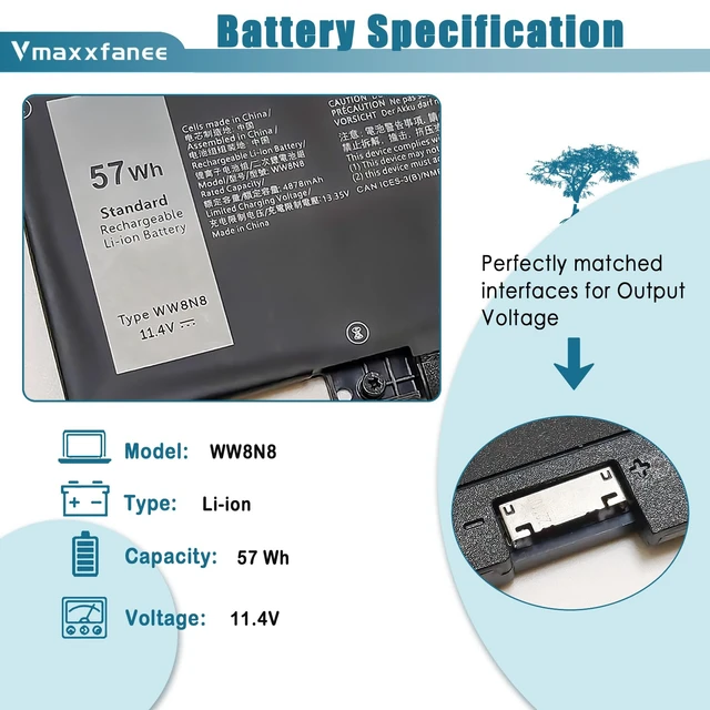 Alt view image 2 of 7 - 57Wh WW8N8 Laptop Battery Replacement for DELL Latitude 7340 7350 7440 7450 7640 7650 Series Notebook 66DWX 0CTJJ6 0HYH8 FH97R 3ICP6/65/78 11.4V 4878mAh