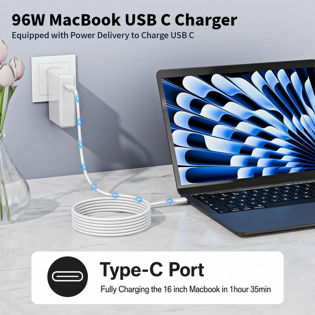 Alt view image 2 of 7 - Mac Book Pro Charger - 96W Apple USB C Fast Charger Power Adapter with 6.6FT Long USB C Cable,Compatible with MacBook pro/Air 16 15 14 13 Inch/ipad Pro and All USB C Device, Extra Storage Bag Included