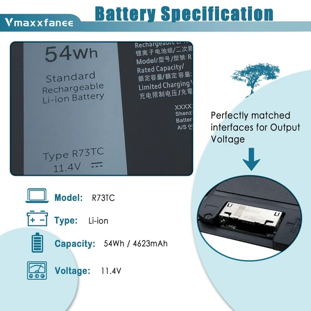 Alt view image 2 of 7 - 54Wh R73TC Laptop Battery Replacement for Dell Latitude 5340 5350 5440 5450 5540 5550 7455 3340 3440 3450 3540 3550 Precision 3480 3490 3580 3590 P181G P182G Series 0V042N V042N 11.4V