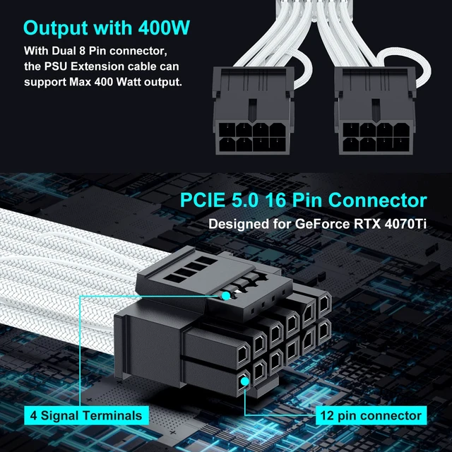 Alt view image 2 of 7 - 16Pin RTX 4070Ti GPU Power Adapter Cable, PCI-e 5.0 16Pin(12+4) to 2x8Pin Male to Female 12VHPWR Extension Cable Design for Geforce RTX 4070 Super 4070Ti 5070 5080-13 Inch White