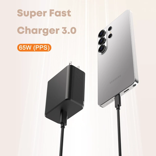 Alt view image 2 of 7 - 65W GaN USB-C Wall Charger, PD 3.0 Super Fast Charging Type C Compatible with Samsung Galaxy S26/S25 Ultra, iPhone 18/17/16 Pro Max, MacBook Air/Pro,Laptop,Phone,iPad with 10FT Cable