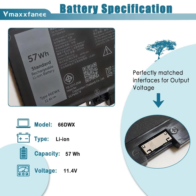 Alt view image 2 of 7 - 57Wh 66DWX Laptop Battery Replacement for Dell Latitude 7640 7650 7340 7350 7440 7450 Series Notebook WW8N8 00HYH8 0HYH8 086D0Y 86D0Y 0CTJJ6 11.4V 4878mAh