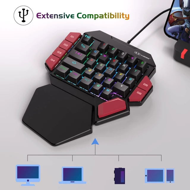 Alt view image 5 of 7 - One Handed Professional Gaming Keyboard, RGB Backlit 35 Keys Mini Wired Mechanical Keyboard with Red Switch for PC Gamer, Support 6 Macro Keys - Black/Red