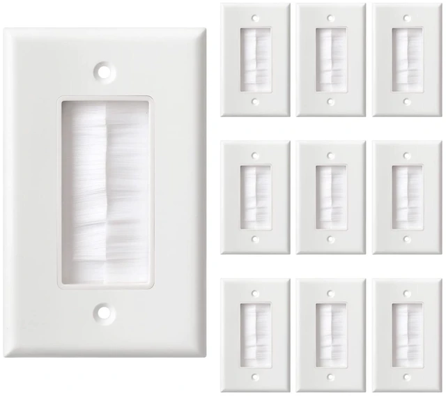 Main image of Single Brush Wall Plate(White/10Pack), Cable Pass Through Insert for Wires, Brush Style Opening Passthrough Cable Plate for Wall Mounted TVs