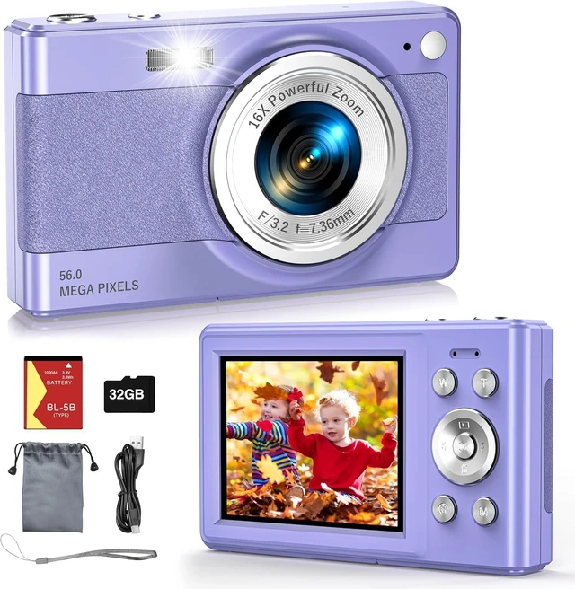 Main image of 2025 New Digital Camera, 56MP FHD 1080P for Kids with 16x Digital Zoom Anti Shake, Face Detect, Smile Capture, 32GB TF Card, Battery, Lanyard, a Great Gift for Boys & GirlsPurple