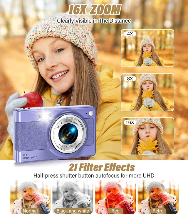 Alt view image 4 of 7 - 2025 New Digital Camera, 56MP FHD 1080P for Kids with 16x Digital Zoom Anti Shake, Face Detect, Smile Capture, 32GB TF Card, Battery, Lanyard, a Great Gift for Boys & GirlsPurple