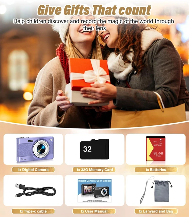 Alt view image 7 of 7 - 2025 New Digital Camera, 56MP FHD 1080P for Kids with 16x Digital Zoom Anti Shake, Face Detect, Smile Capture, 32GB TF Card, Battery, Lanyard, a Great Gift for Boys & GirlsPurple