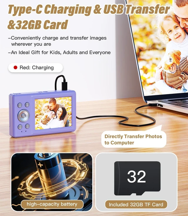 Alt view image 6 of 7 - 2025 New Digital Camera, 56MP FHD 1080P for Kids with 16x Digital Zoom Anti Shake, Face Detect, Smile Capture, 32GB TF Card, Battery, Lanyard, a Great Gift for Boys & GirlsPurple