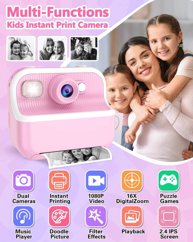 Alt view image 2 of 7 - Kids Camera Instant Print, Christmas Birthday Gifts for Kids 3-12, 1080P Instant Print Camera for Kid, Toddler Camera Toy for 4 5 6 7 8 9 10 Year Old Girls Boys with 3 Rolls Paper and 32GB Card-Pink