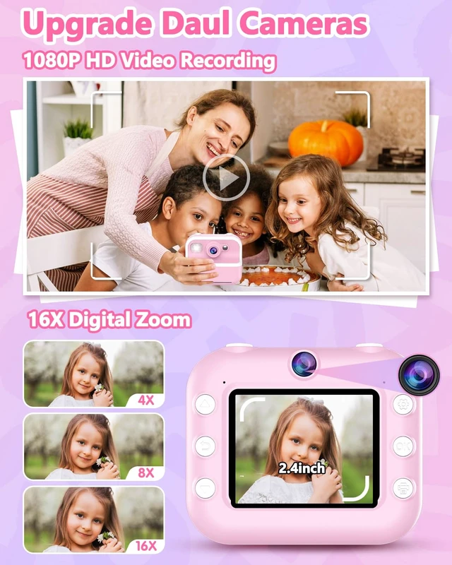 Alt view image 3 of 7 - Kids Camera Instant Print, Christmas Birthday Gifts for Kids 3-12, 1080P Instant Print Camera for Kid, Toddler Camera Toy for 4 5 6 7 8 9 10 Year Old Girls Boys with 3 Rolls Paper and 32GB Card-Pink