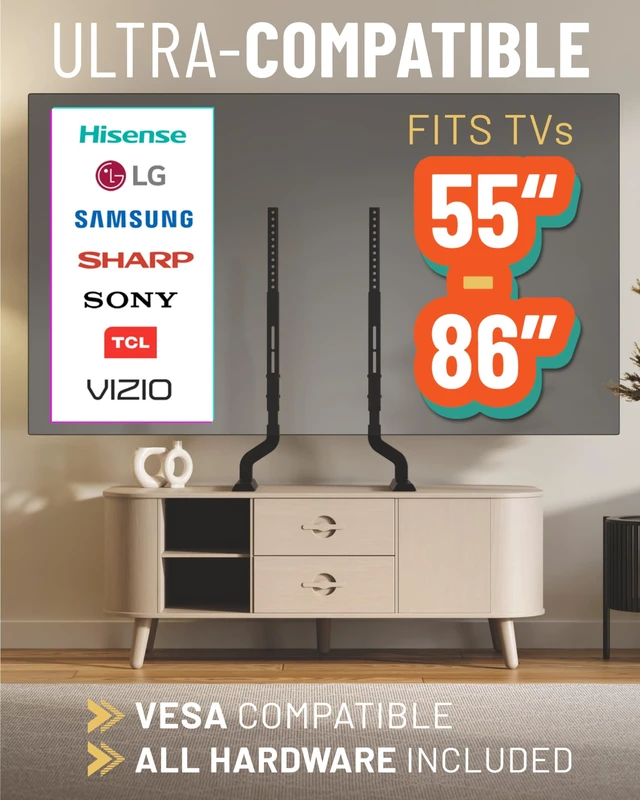 Alt view image 5 of 7 - Premium Replacement TV Stand for 55"-86" Screens - Angled Feet Give Universal TV Stand Stability for QLED & OLED TVs -Easy 3-Step Install Comes w/Soundbar Isolation & Anti-Slip/Scratch Pads