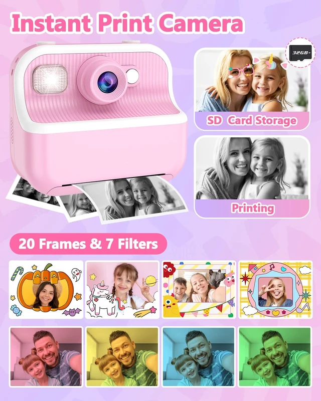 Alt view image 4 of 7 - Kids Camera Instant Print, Christmas Birthday Gifts for Kids 3-12, 1080P Instant Print Camera for Kid, Toddler Camera Toy for 4 5 6 7 8 9 10 Year Old Girls Boys with 3 Rolls Paper and 32GB Card-Pink