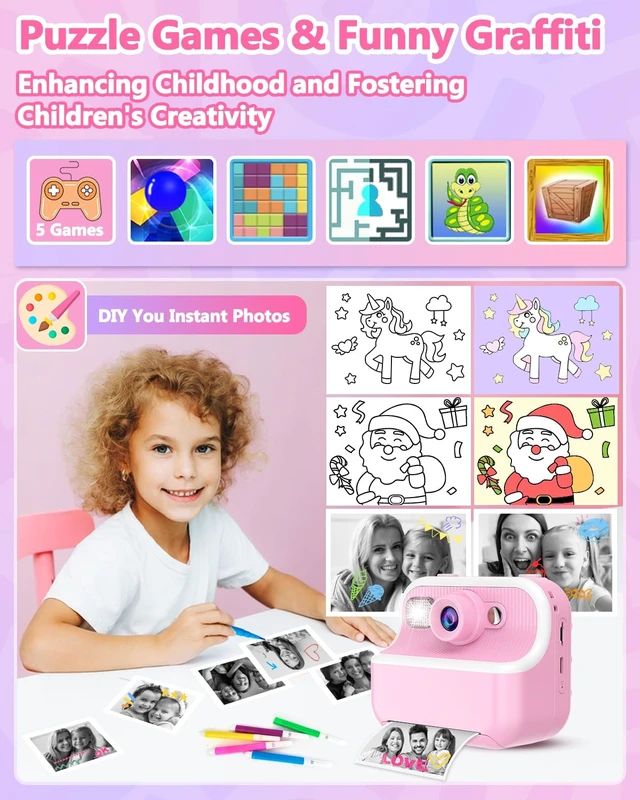 Alt view image 5 of 7 - Kids Camera Instant Print, Christmas Birthday Gifts for Kids 3-12, 1080P Instant Print Camera for Kid, Toddler Camera Toy for 4 5 6 7 8 9 10 Year Old Girls Boys with 3 Rolls Paper and 32GB Card-Pink