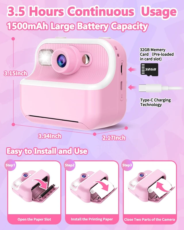 Alt view image 7 of 7 - Kids Camera Instant Print, Christmas Birthday Gifts for Kids 3-12, 1080P Instant Print Camera for Kid, Toddler Camera Toy for 4 5 6 7 8 9 10 Year Old Girls Boys with 3 Rolls Paper and 32GB Card-Pink