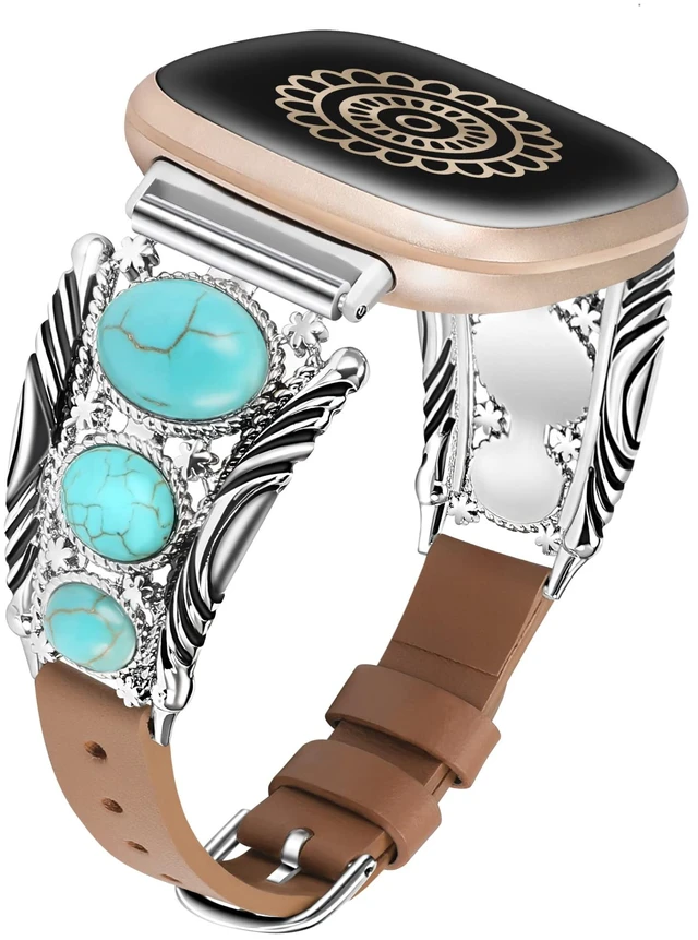 Main image of Leather Band Compatible with Fitbit Versa 4/Versa 3/Sense 2/Sense Band Women, Western Turquoise Boho Vintage Cowboy Retro Jewelry Adjustable Slim Replacement Wristband Strap for Versa 4/ Sense