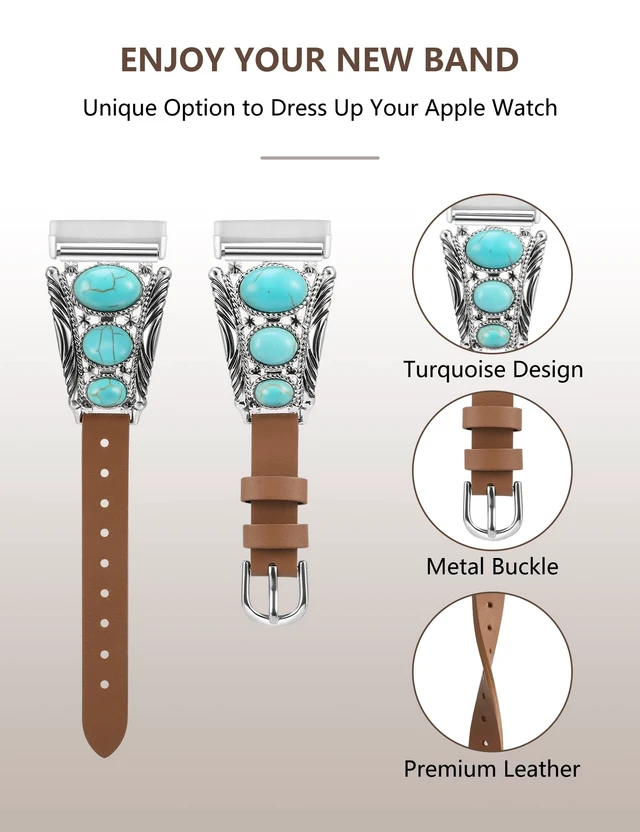 Alt view image 2 of 6 - Leather Band Compatible with Fitbit Versa 4/Versa 3/Sense 2/Sense Band Women, Western Turquoise Boho Vintage Cowboy Retro Jewelry Adjustable Slim Replacement Wristband Strap for Versa 4/ Sense