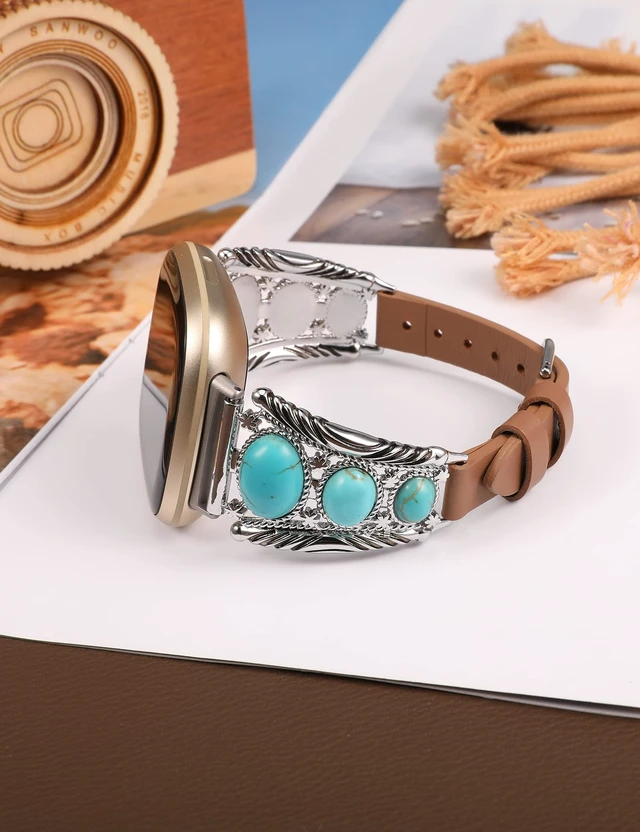 Alt view image 4 of 6 - Leather Band Compatible with Fitbit Versa 4/Versa 3/Sense 2/Sense Band Women, Western Turquoise Boho Vintage Cowboy Retro Jewelry Adjustable Slim Replacement Wristband Strap for Versa 4/ Sense