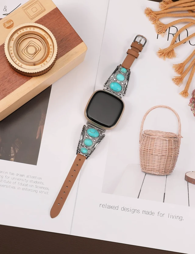 Alt view image 3 of 6 - Leather Band Compatible with Fitbit Versa 4/Versa 3/Sense 2/Sense Band Women, Western Turquoise Boho Vintage Cowboy Retro Jewelry Adjustable Slim Replacement Wristband Strap for Versa 4/ Sense