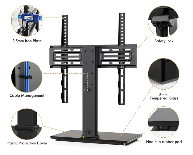 Alt view image 4 of 7 - Universal TV Mount Stand Table Top TV Stand for 27-55 inch TVS Height Adjustable TV Stand Mount, Glass Base, Black