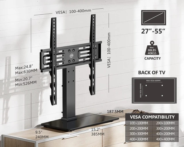 Alt view image 5 of 7 - Universal TV Mount Stand Table Top TV Stand for 27-55 inch TVS Height Adjustable TV Stand Mount, Glass Base, Black