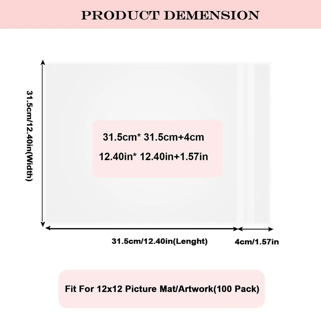 Alt view image 2 of 7 - 100 Pcs Clear Cellophane Bags 12x12 Self Sealing Crystal Sleeves for Print 12-2/5" x 12-2/5" OPP Storage Bag for 12X12 Art Prints/Pictures/Photos/Framing Mat Mattes