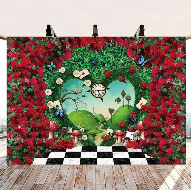 Alt view image 2 of 7 - Wonderland Backdrop for Photography 8x6FT Red Rose Wonderland Tea Party Decorations Green Leaf Fairy Tale Background Kids Baby Shower Newborn Portrait Photo Props