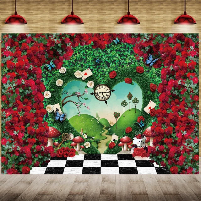 Main image of Wonderland Backdrop for Photography 8x6FT Red Rose Wonderland Tea Party Decorations Green Leaf Fairy Tale Background Kids Baby Shower Newborn Portrait Photo Props