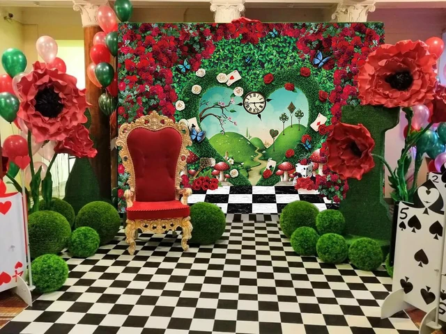 Alt view image 4 of 7 - Wonderland Backdrop for Photography 8x6FT Red Rose Wonderland Tea Party Decorations Green Leaf Fairy Tale Background Kids Baby Shower Newborn Portrait Photo Props