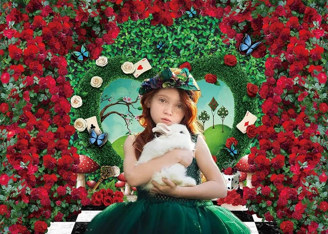 Alt view image 3 of 7 - Wonderland Backdrop for Photography 8x6FT Red Rose Wonderland Tea Party Decorations Green Leaf Fairy Tale Background Kids Baby Shower Newborn Portrait Photo Props