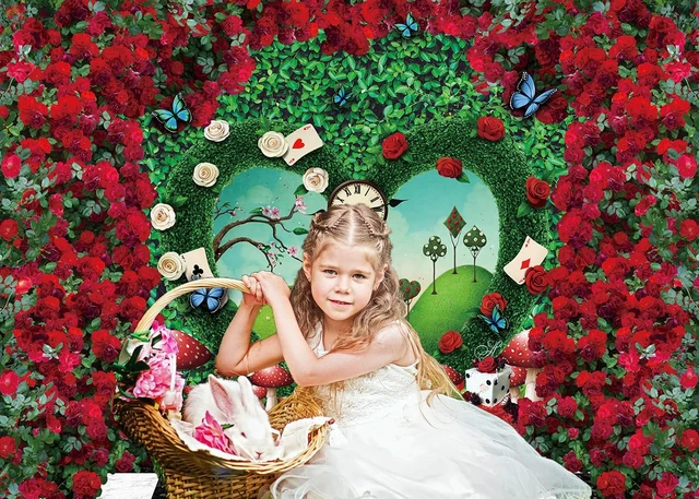 Alt view image 5 of 7 - Wonderland Backdrop for Photography 8x6FT Red Rose Wonderland Tea Party Decorations Green Leaf Fairy Tale Background Kids Baby Shower Newborn Portrait Photo Props