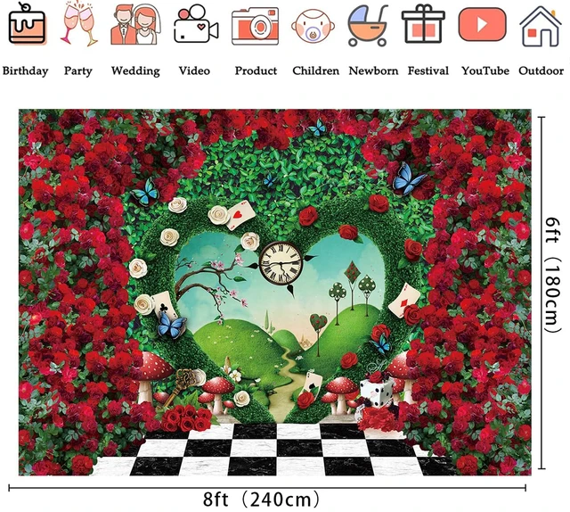 Alt view image 6 of 7 - Wonderland Backdrop for Photography 8x6FT Red Rose Wonderland Tea Party Decorations Green Leaf Fairy Tale Background Kids Baby Shower Newborn Portrait Photo Props