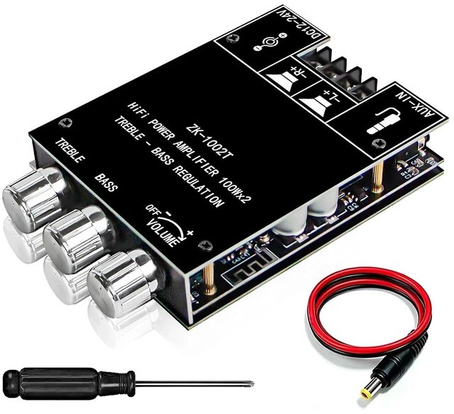 Main image of ZK-1002T PRO Bluetooth Amplifier Board, 200W 2 Channel Bluetooth for Speakers, Mini Amplifier with Treble & Bass, BT USB AUX Input, DC 12-24V, DeWalt & Milwaukee Battery Adapters for DIY