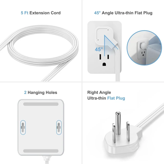Alt view image 3 of 5 - 5 FT Flat Plug Power Strip, 8 AC Outlets and 4 USB Ports (2 USB-A, 2 USB-C), 950J Surge Protector, Wall-Mount Extension Cord for Home Office