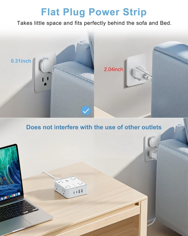 Alt view image 4 of 5 - 5 FT Flat Plug Power Strip, 8 AC Outlets and 4 USB Ports (2 USB-A, 2 USB-C), 950J Surge Protector, Wall-Mount Extension Cord for Home Office