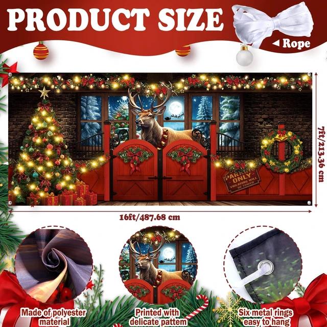 Alt view image 2 of 7 - 7x16 ft Christmas Garage Door Cover, Reindeer Banner Party Decor Bow Garland Backdrop, Winter Moon Forest Scene, Gift Box Trees Visual, Waterproof for House Wall, Holiday Atmosphere