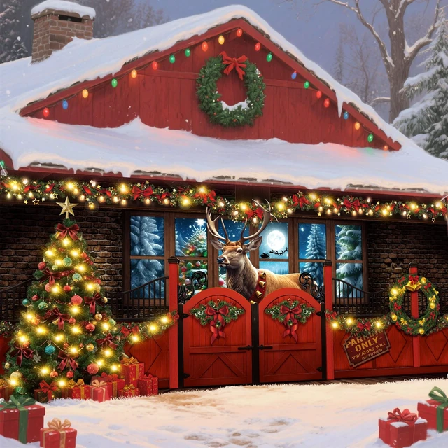 Alt view image 3 of 7 - 7x16 ft Christmas Garage Door Cover, Reindeer Banner Party Decor Bow Garland Backdrop, Winter Moon Forest Scene, Gift Box Trees Visual, Waterproof for House Wall, Holiday Atmosphere