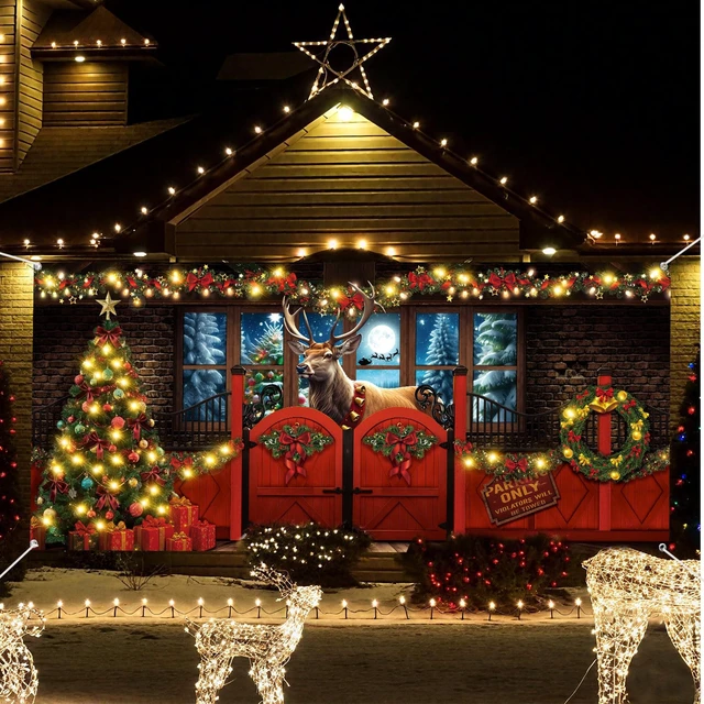 Alt view image 4 of 7 - 7x16 ft Christmas Garage Door Cover, Reindeer Banner Party Decor Bow Garland Backdrop, Winter Moon Forest Scene, Gift Box Trees Visual, Waterproof for House Wall, Holiday Atmosphere