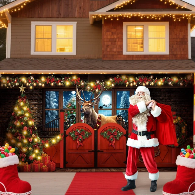 Alt view image 6 of 7 - 7x16 ft Christmas Garage Door Cover, Reindeer Banner Party Decor Bow Garland Backdrop, Winter Moon Forest Scene, Gift Box Trees Visual, Waterproof for House Wall, Holiday Atmosphere