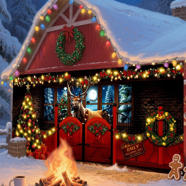 Alt view image 7 of 7 - 7x16 ft Christmas Garage Door Cover, Reindeer Banner Party Decor Bow Garland Backdrop, Winter Moon Forest Scene, Gift Box Trees Visual, Waterproof for House Wall, Holiday Atmosphere