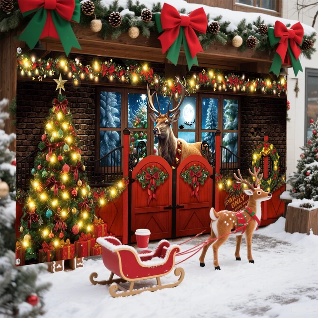 Alt view image 5 of 7 - 7x16 ft Christmas Garage Door Cover, Reindeer Banner Party Decor Bow Garland Backdrop, Winter Moon Forest Scene, Gift Box Trees Visual, Waterproof for House Wall, Holiday Atmosphere