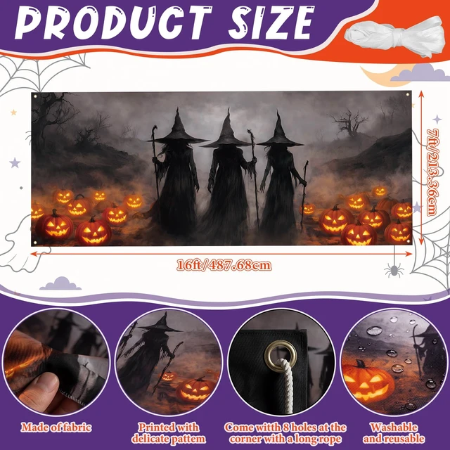 Alt view image 2 of 7 - 7x16 ft Witch Halloween Garage Door Cover Banner with Pumpkins Large Backdrop for Wall Yard Party Decor, Waterproof Outdoor Use, Spooky Silhouettes Glowing Jack-o-lanterns Scene