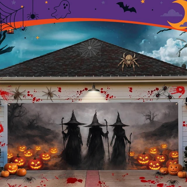 Alt view image 3 of 7 - 7x16 ft Witch Halloween Garage Door Cover Banner with Pumpkins Large Backdrop for Wall Yard Party Decor, Waterproof Outdoor Use, Spooky Silhouettes Glowing Jack-o-lanterns Scene