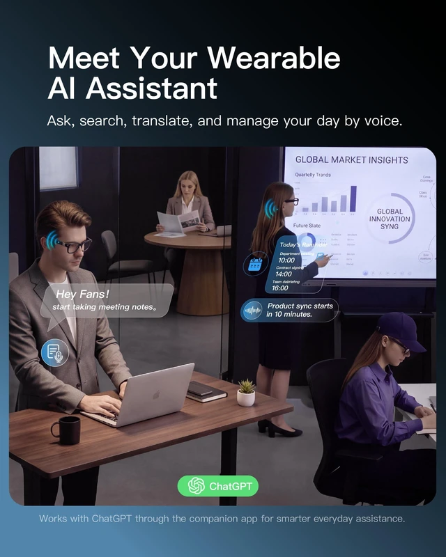 Alt view image 4 of 7 - AI Smart Glasses, 8MP Camera, 16GB Storage, Real-Time Translation Open-ear calls and music, Wi-Fi 6 sharing, Meeting Assistant, OTA updates and AI voice tools in a 40.3g frame for daily wear
