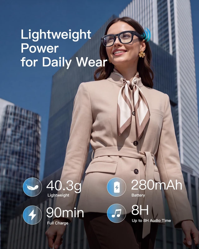 Alt view image 6 of 7 - AI Smart Glasses, 8MP Camera, 16GB Storage, Real-Time Translation Open-ear calls and music, Wi-Fi 6 sharing, Meeting Assistant, OTA updates and AI voice tools in a 40.3g frame for daily wear