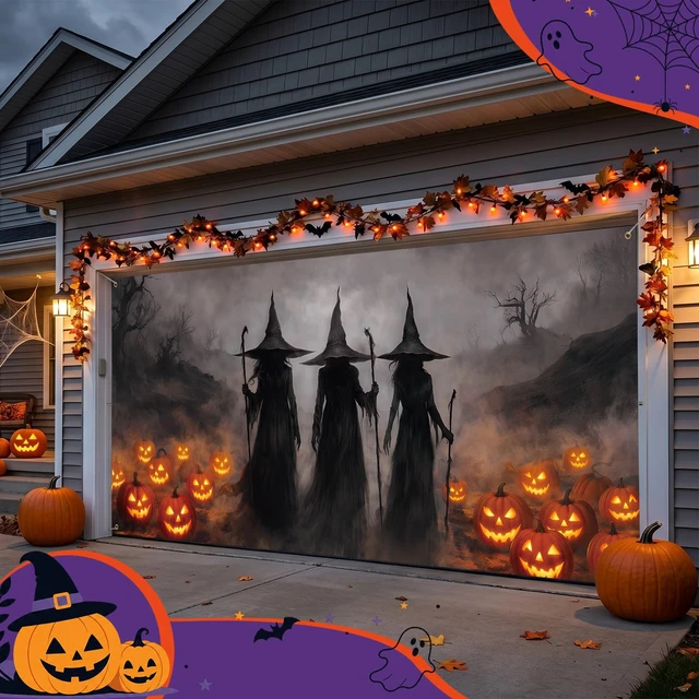 Alt view image 7 of 7 - 7x16 ft Witch Halloween Garage Door Cover Banner with Pumpkins Large Backdrop for Wall Yard Party Decor, Waterproof Outdoor Use, Spooky Silhouettes Glowing Jack-o-lanterns Scene