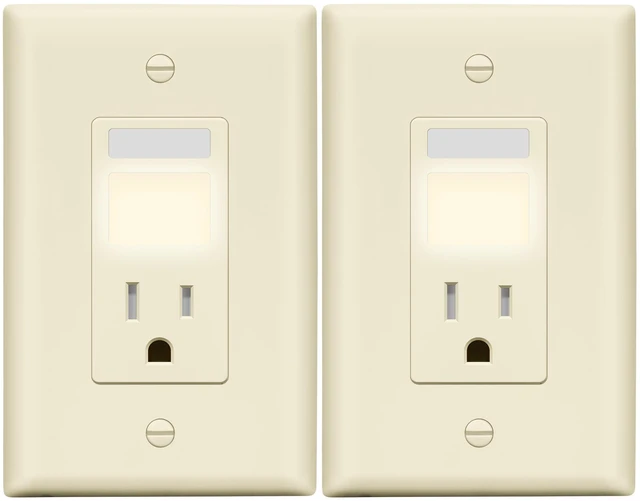 Main image of 15A Outlet, LED, Motion Sensor, PIR Guide Light Receptacle, 2-Pack Adjustable Time Delay, Tamper-Resistant, Matte Light Almond, Wall Plate Included, UL Listed, Thermoplastic, Daylight Sensor